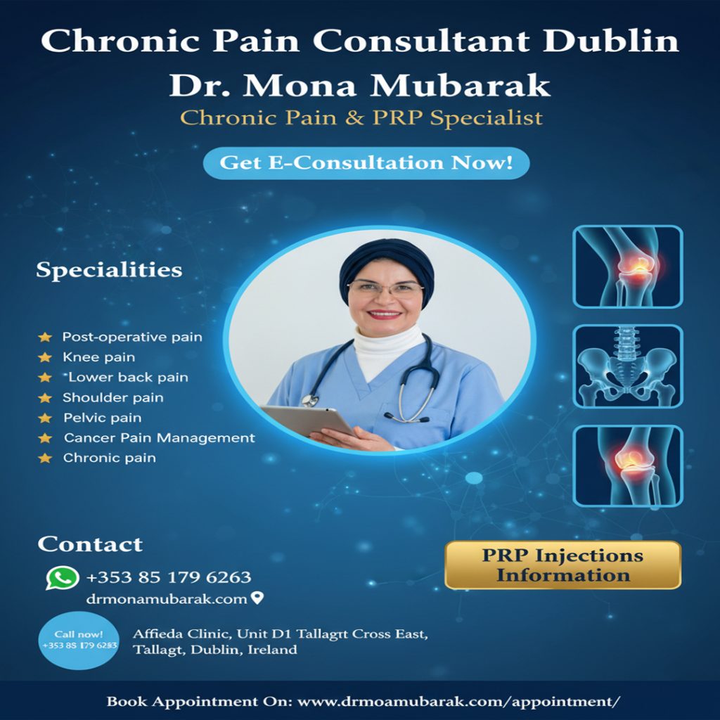 Chronic Pain, Pain Management, PRP Treatment, Regenerative Medicine, Interventional Pain, Joint Pain, Knee Pain, Neck Pain, Low Back Pain, Pelvic Pain, Dr. Mona Mubarak, Mona Mubarak Dublin, Pain Consultant Dublin, PRP Dublin, Pain Relief, Arthritis Treatment, Non-Surgical Pain Relief, PRP Injections, Back Pain Specialist, Dublin Clinic, Healthcare Ireland, Physical Therapy, Pain Solutions, Nerve Blocks, Fibromyalgia, Spine Pain.